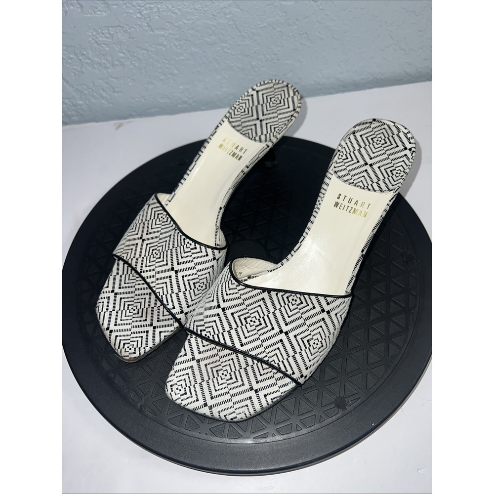 Stuart Weitzman Black white geometric heel Open Toed Slide Pump‎ Sandal Size 8
